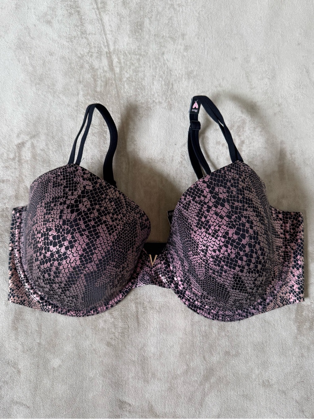 Victoria's Secret Black Pink Oil Snakeskin Print Push-Up Bra Size 38DD
